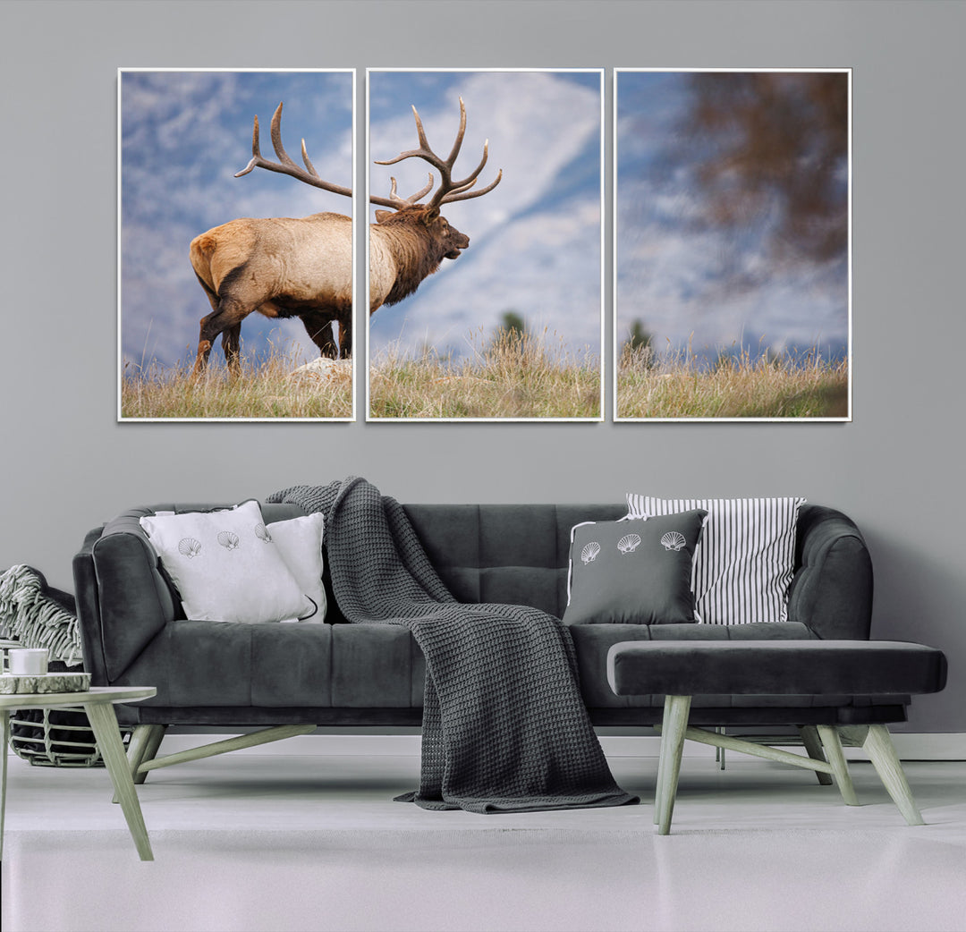 Rustic Elk Wall Art Canvas Print, Wildlife Antler Print, Framed Western Hunting Lodge Art Print