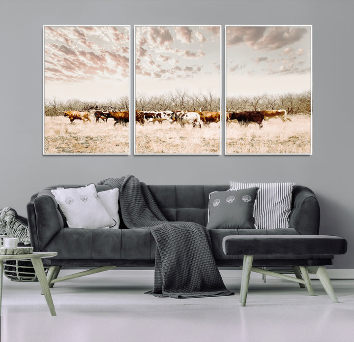 Longhorn Cattle Wall Art Canvas Print, Texas Ranch Print, Framed Western Cow Art Print, Large Prairie Landscape Printing Perfect for Western Decor