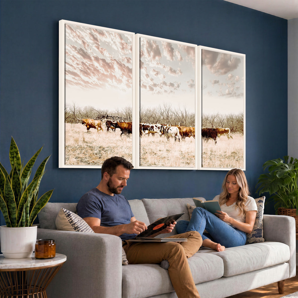 64892775-MGV-CV-24X16 - Longhorn Cattle Wall Art Canvas Print, Framed Texas Ranch Art, Western Cow Print, Prairie Landscape Decor