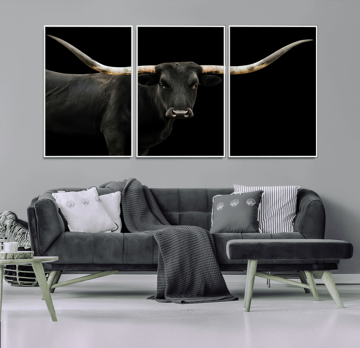 MGV-FC-60X30-3P - Longhorn Cattle Wall Art Canvas Print, Framed Texas Ranch Art Picture Print, Western Cow Perfect Farmhouse Decor Artwork