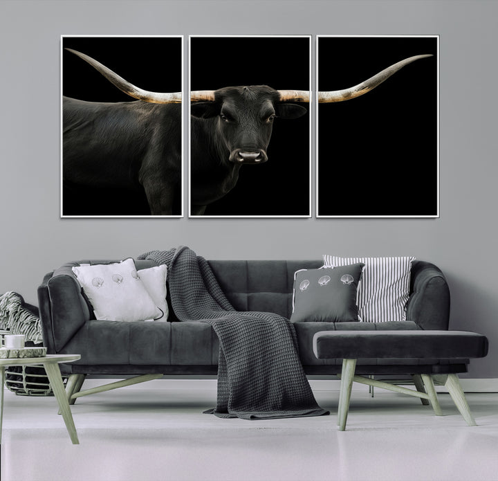 Black White Longhorn Bull Wall Art Canvas Print, Texas Ranch Print, Framed Western Cow Art Print for Farmhouse Decor - Longhorn Print