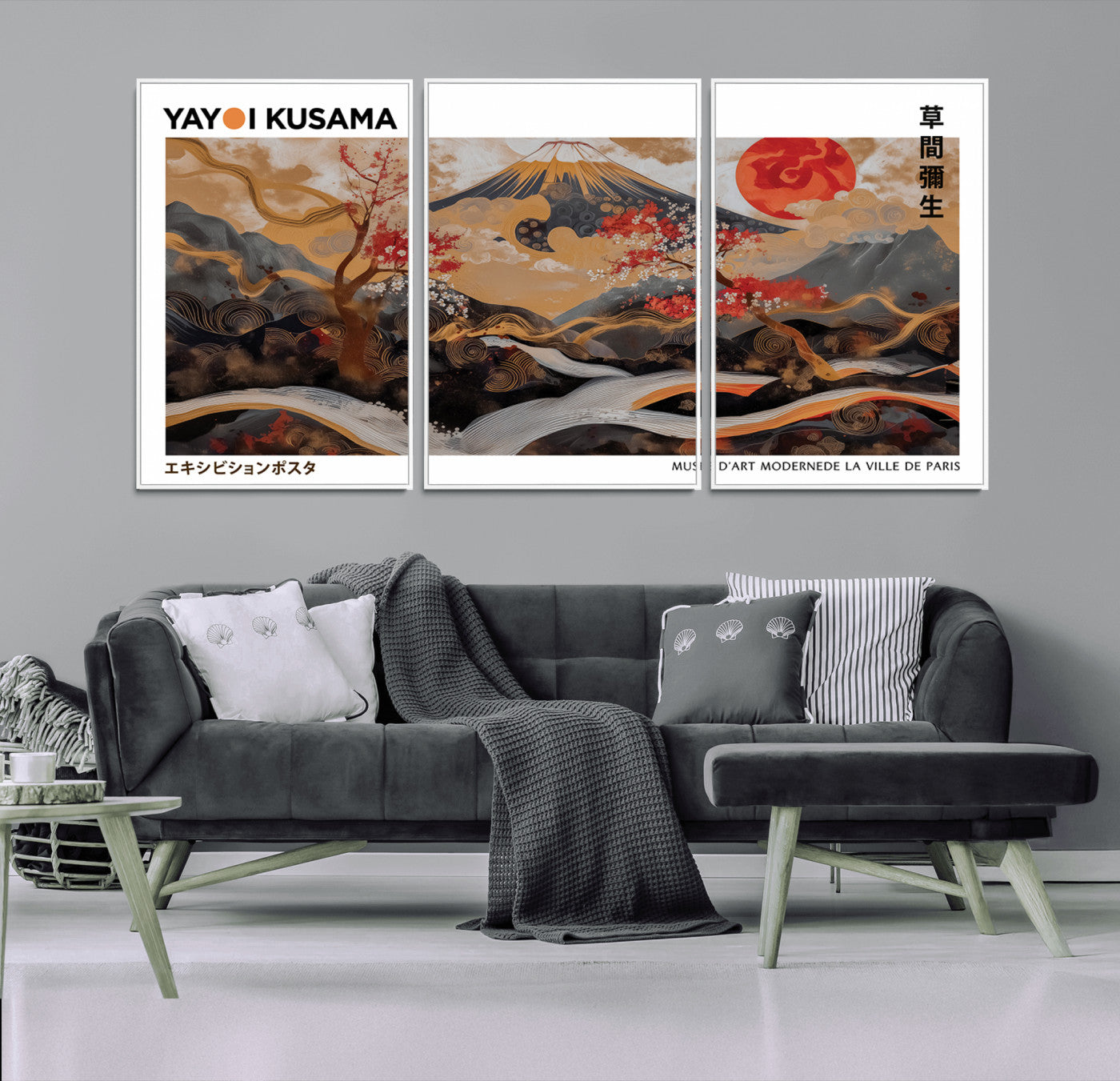 MGV-FC-60X30-3P - Modern Japanese Wall Art Print Yayoi Kusama Canvas Wall Art Abstract Mount Fuji Canvas Print
