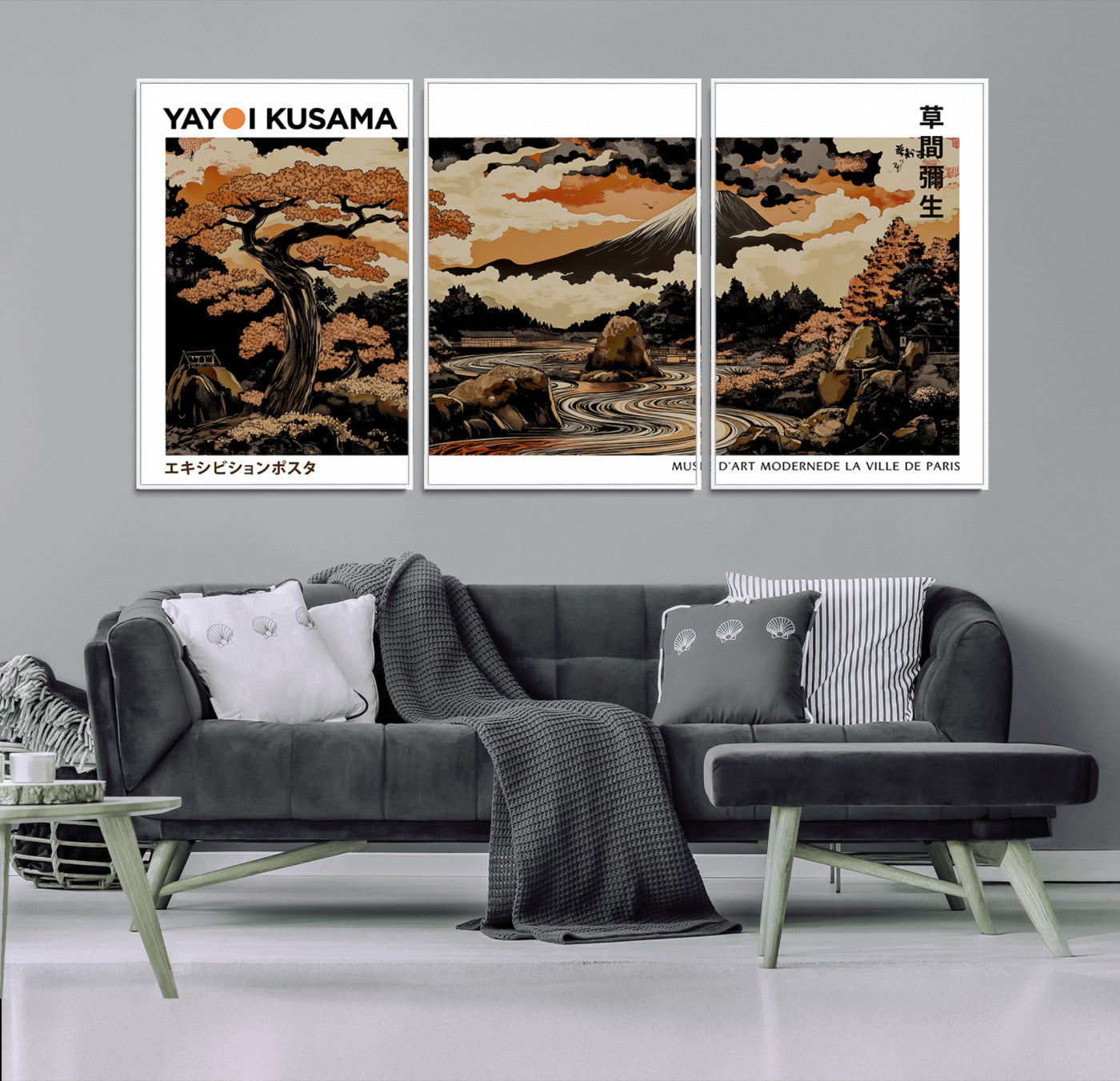 96372548-MGV-CV-36X24-Modern Japanese Wall Art Canvas Print – Framed Abstract Mount Fuji Scene with Yayoi Kusama Style Artwork for Home, Office