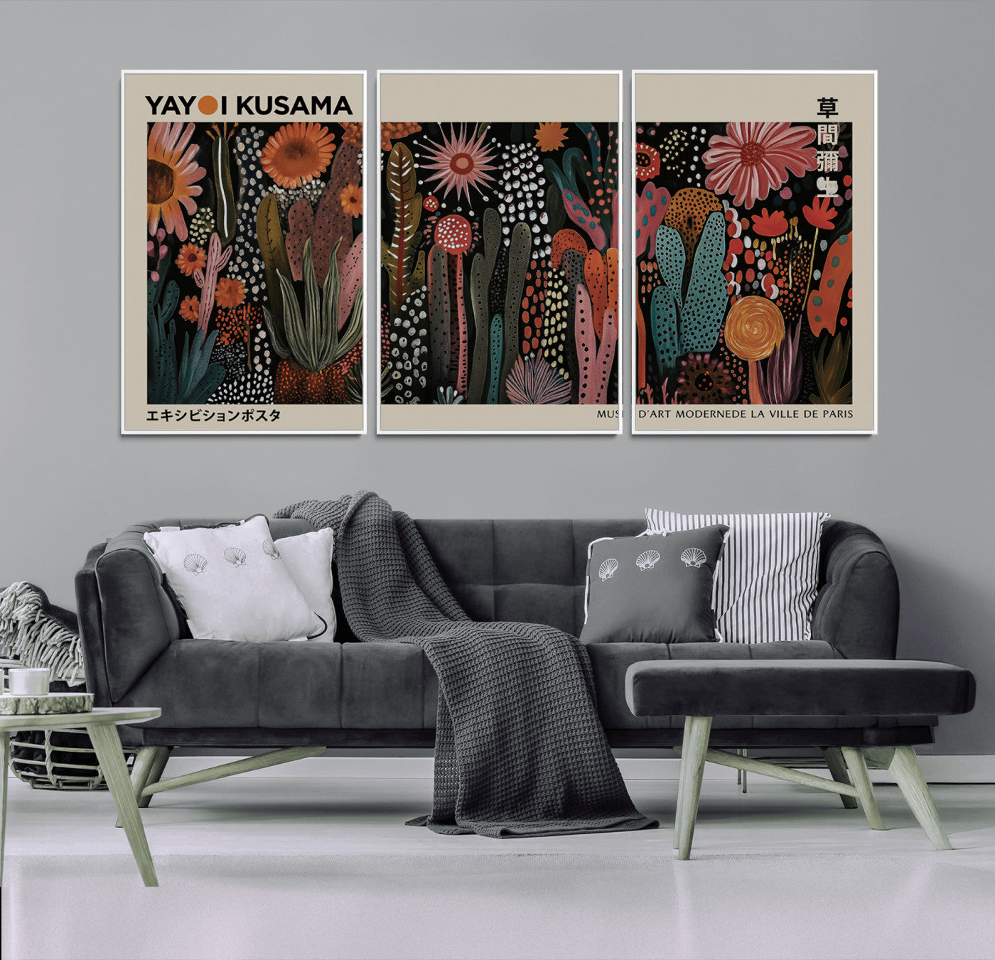 28344895-MGV-FC-60X30-3P_White-Modern Japanese Wall Art Canvas Print – Framed Abstract Mount Fuji Scene with Contemporary Yayoi Kusama Artwork for Home, Office