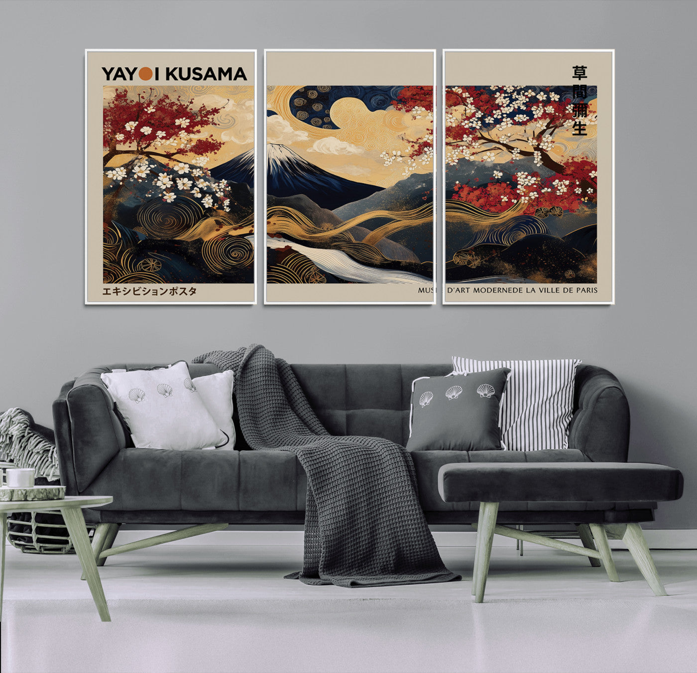 MGV-FC-60X30-3P - Modern Japanese Wall Art, Yayoi Kusama Japanese Print Wall Art, Abstract Mount Fuji Canvas Print,