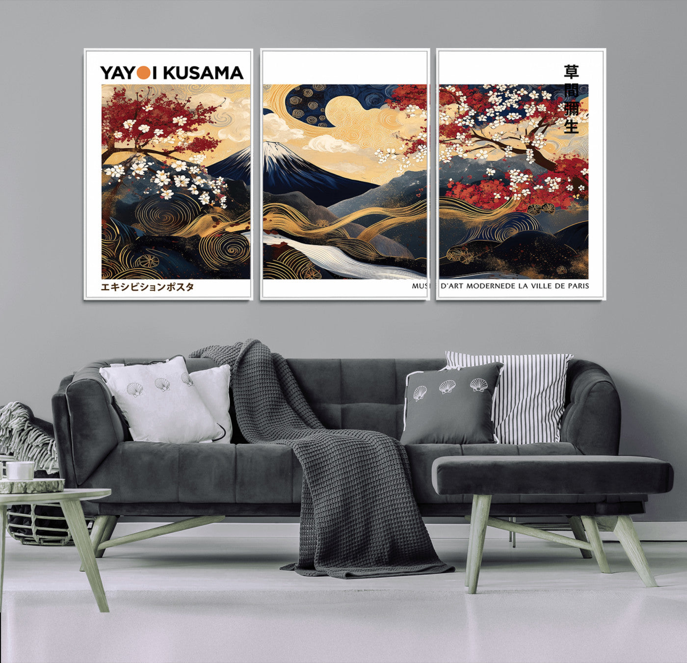 66243961-MGV-CV-36X24-Modern Mount Fuji Wall Art Canvas Print – Framed Abstract Mount Fuji Scene with Yayoi Kusama Artwork for Home, Office
