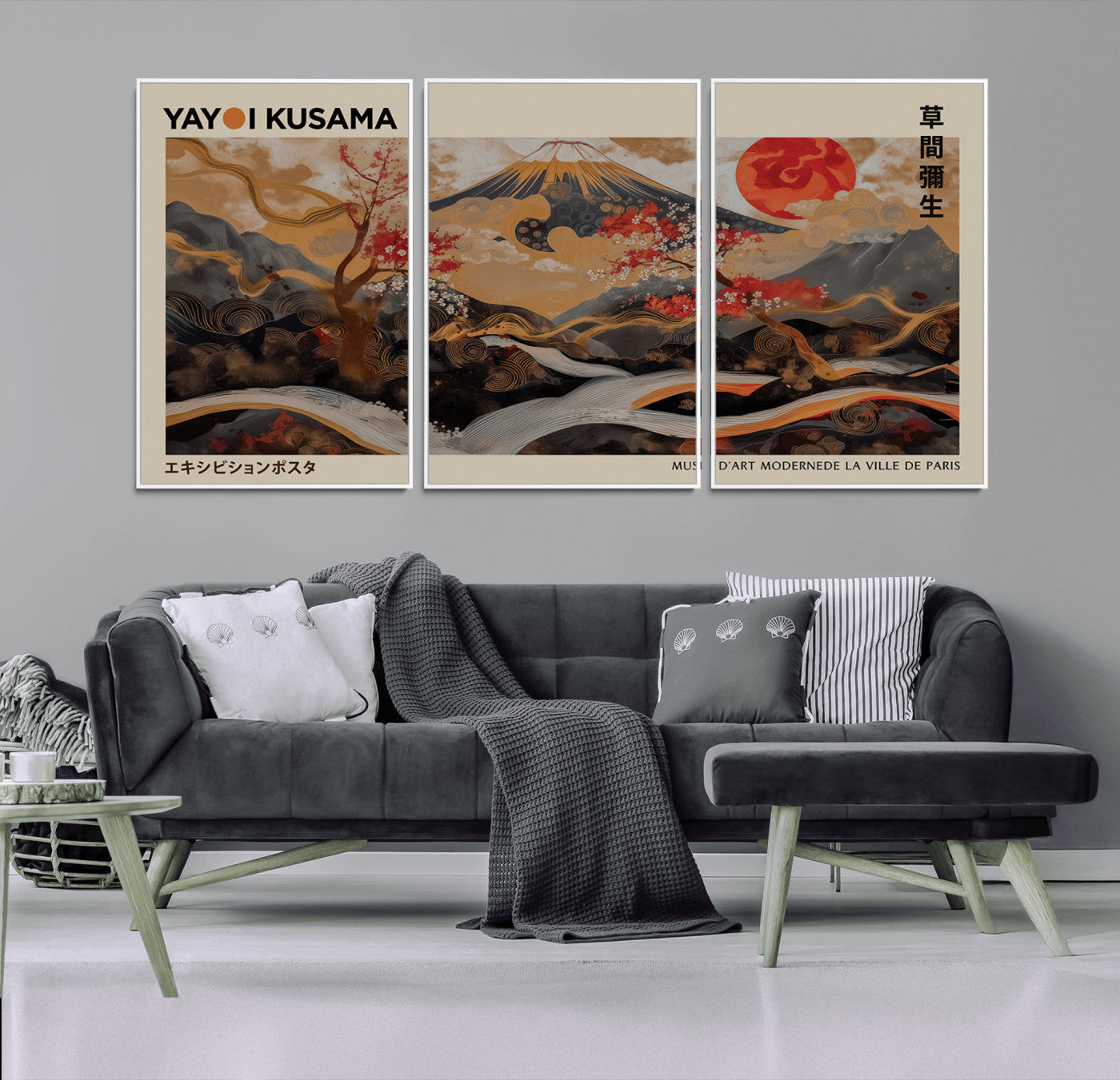 77970791-MGV-CV-36X24-Modern Japanese Wall Art Canvas Print – Framed Abstract Mount Fuji Scene with Yayoi Kusama Artwork for Home, Office