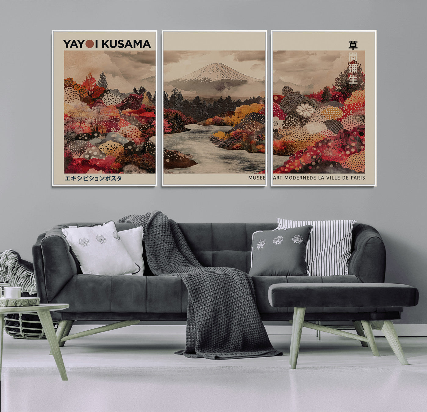 90660838-MGV-CV-36X24-Modern Japanese Wall Art Canvas Print – Framed Abstract Mount Fuji Scene with Yayoi Kusama Artwork for Home, Office