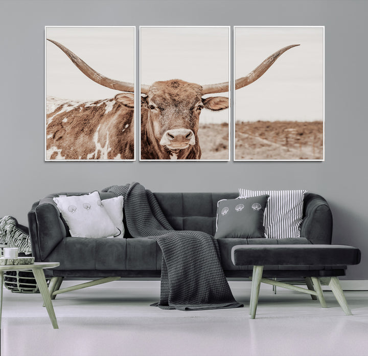 Longhorn Bull Photo Wall Art Canvas Print, Framed Rustic Cow Art Picture Print, Neutral Farmhouse Perfect Rustic Neutral Farmhouse Decor