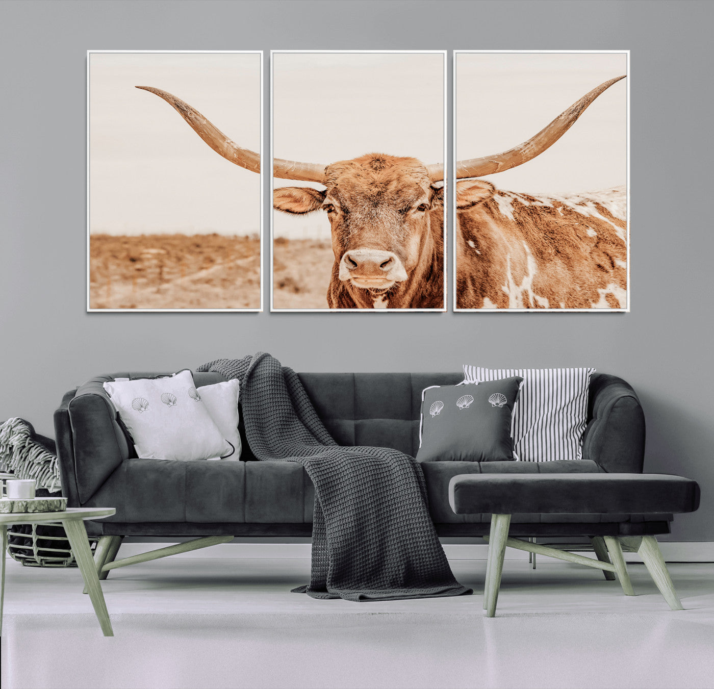 MGV-FC-60X30-3P - Longhorn Bull Wall Art Canvas Print, Framed Western Cow Art Picture Print, Rustic Farmhouse Perfect Neutral Farmhouse Decor Artwork