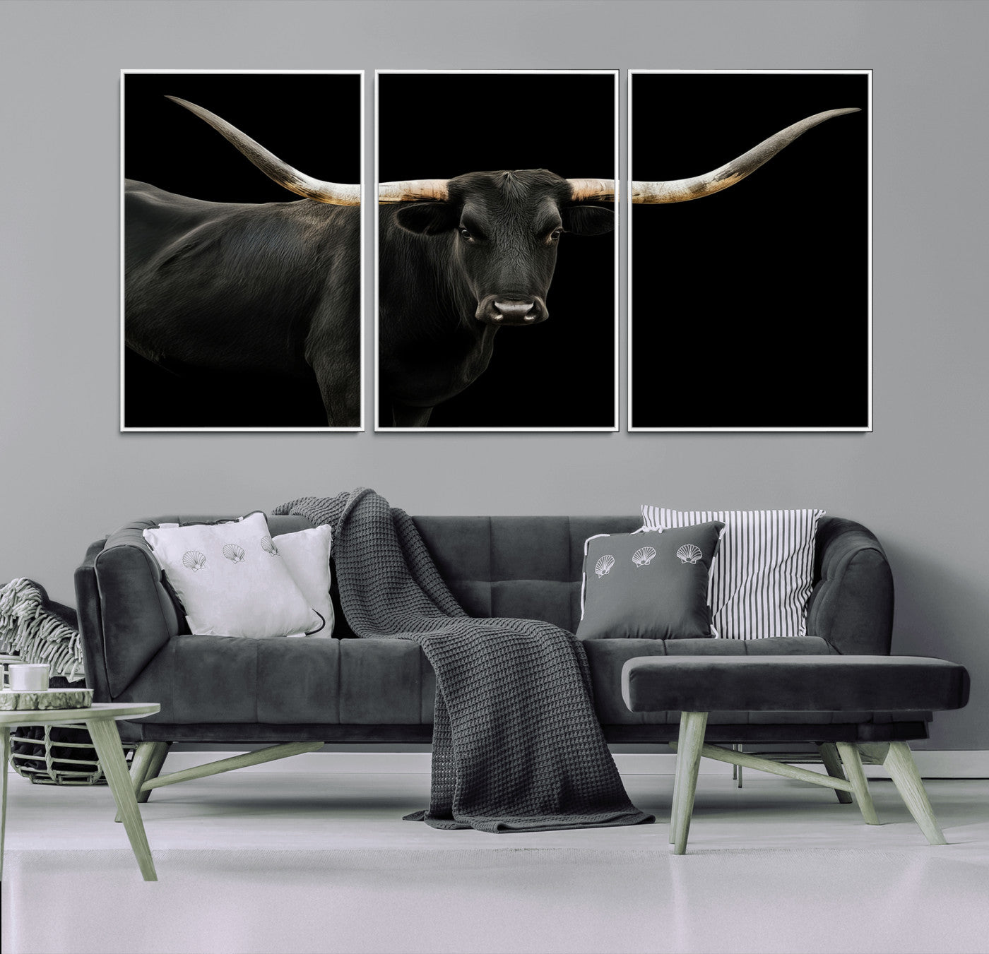 MGV-FC-60X30-3P - Texas Longhorn Wall Art Canvas Print, Framed Rustic Western Art Picture Print, Farmhouse Animal Perfect Modern Western Minimalist Decor Artwork