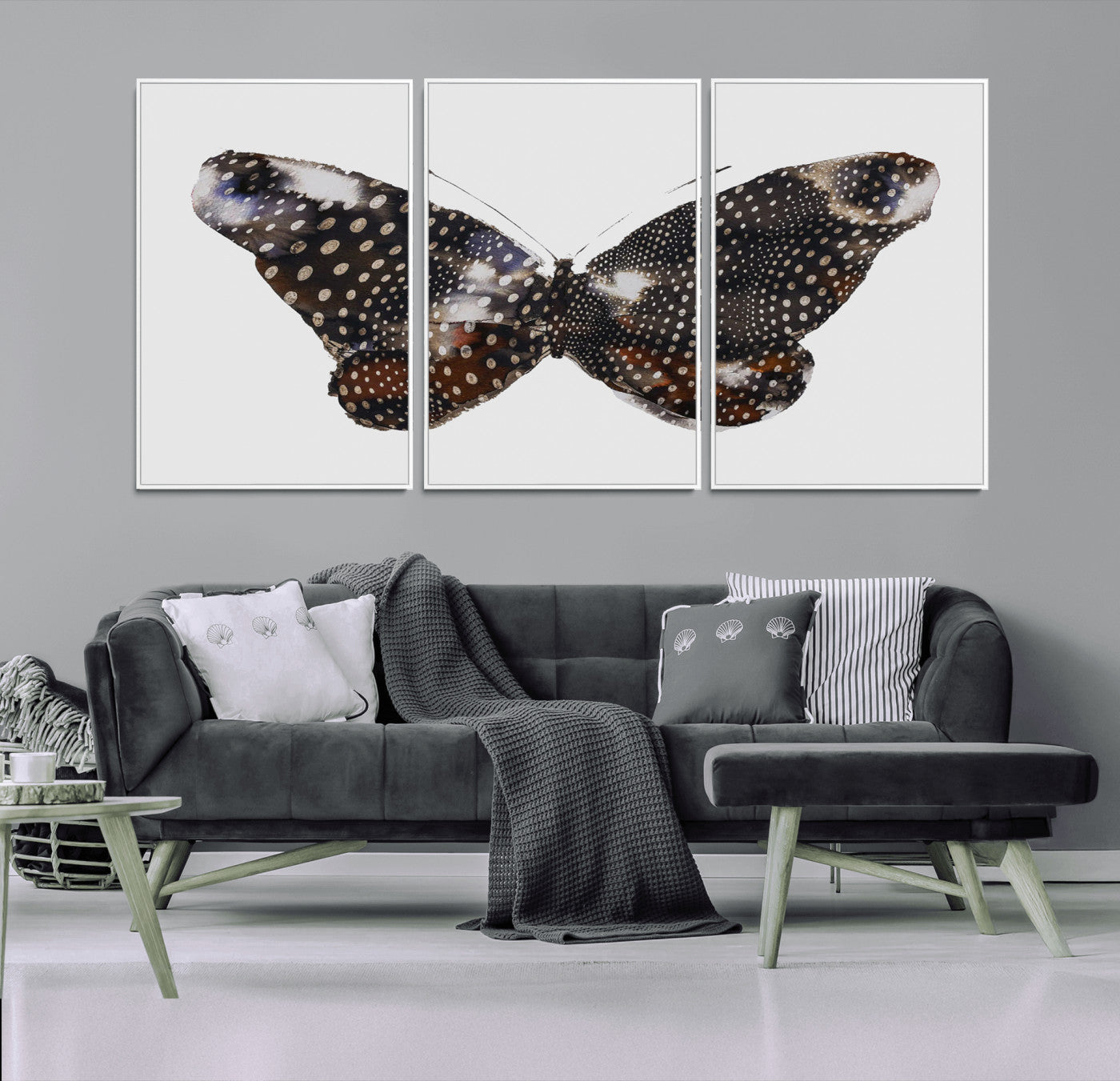 MGV-FC-60X30-3P - Spotted Butterfly Wall Art Canvas Print, Framed Neutral Insect Theme Art Picture Print, Earthy Wing Pattern Perfect Modern Rustic Decor Artwork