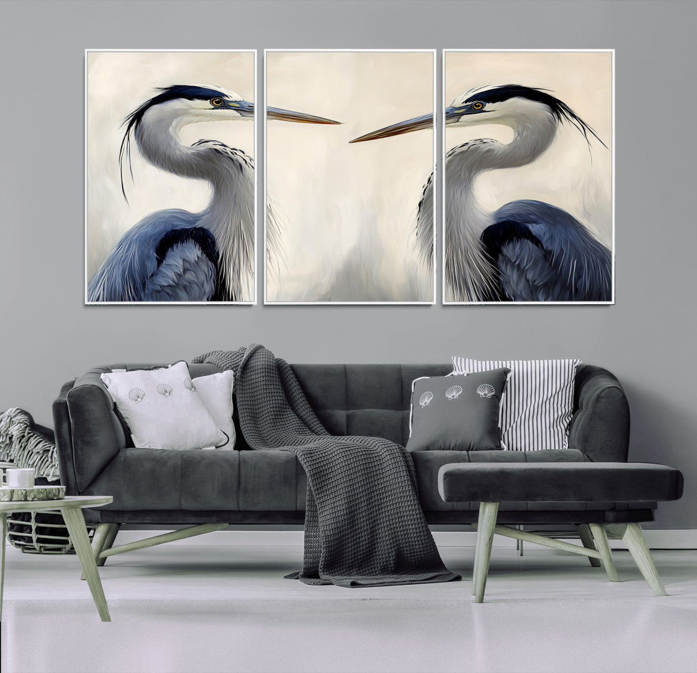 MGV-FC-60X30-3P - Blue Heron Pair Wall Art Canvas Print, Framed Coastal Bird Theme Art Picture Print, Tranquil Wildlife Scene Perfect Coastal Minimalist Decor Artwork
