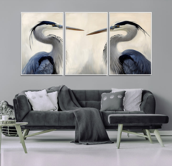 Blue Heron Pair Wall Art Canvas Print, Coastal Bird Theme Print, Framed Tranquil Wildlife Scene Art Print, Large Nature Inspired Decor Printing