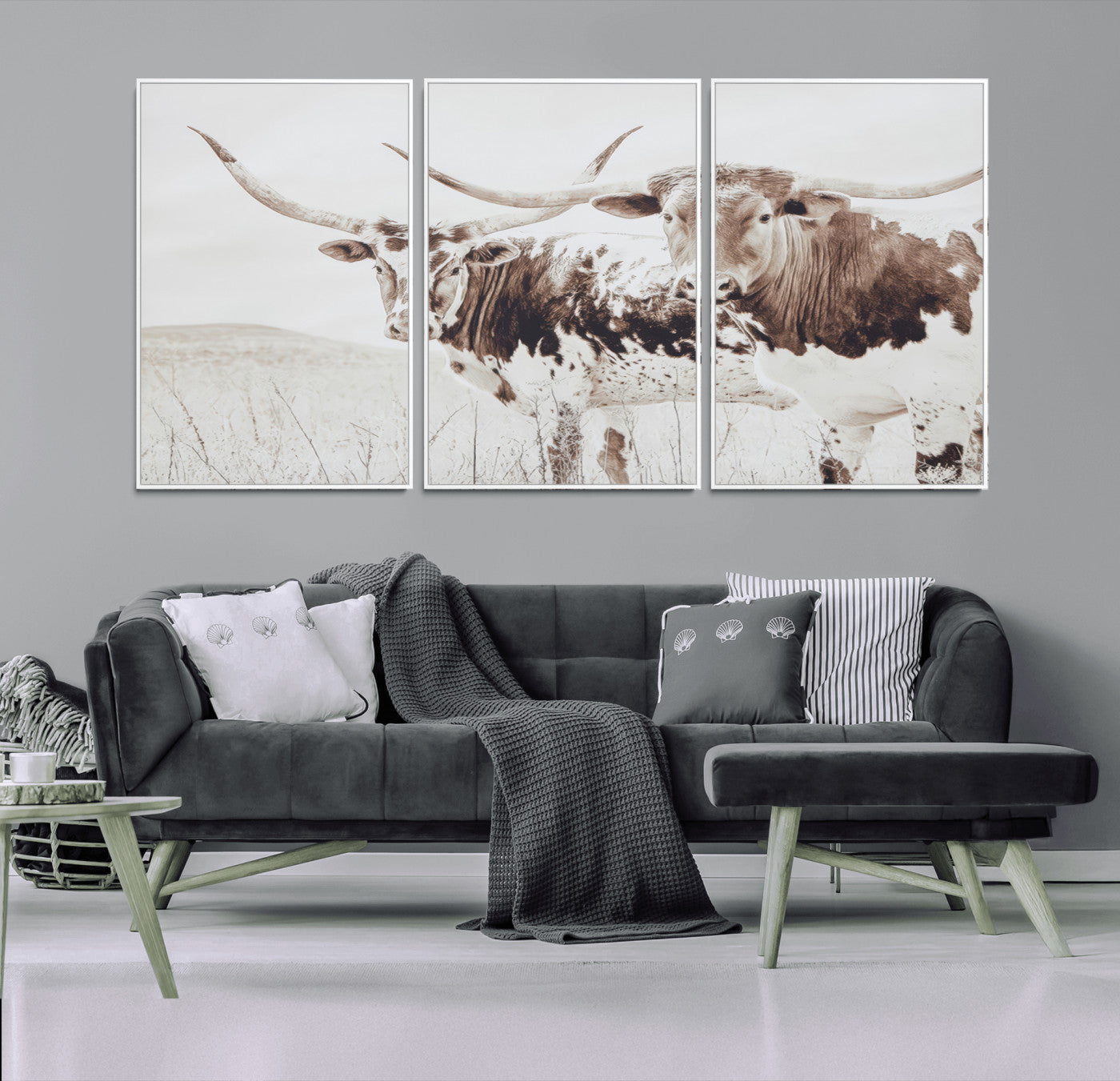 MGV-FC-60X30-3P - Longhorn Wall Art Wall Art Canvas Print, Framed Western Cow Canvas Art Picture Print, Rustic Farm Decor Perfect Rustic Farmhouse Decor Artwork