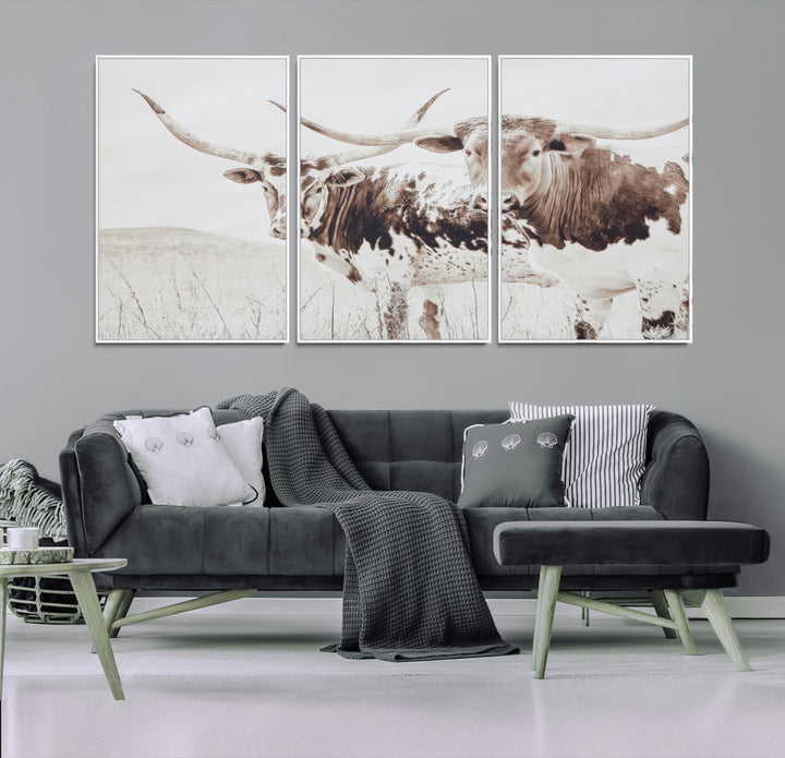 Longhorn Wall Art Wall Art Canvas Print, Western Cow Canvas Print, Framed Rustic Farm Decor Art Print, Large Neutral Animal Scene Printing