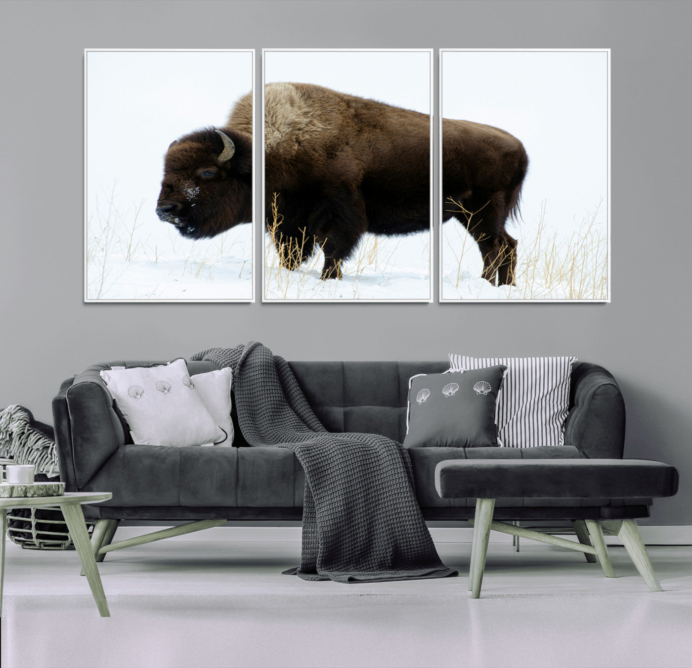 MGV-FC-60X30-3P - Bison Photography Wall Art Canvas Print, Framed Western Wildlife Art Picture Print, Buffalo On Snow Perfect Western Decor Artwork