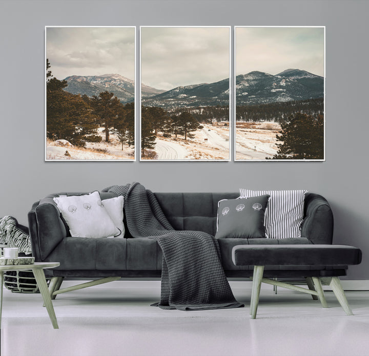 Mountain Landscape Wall Art Canvas Print, Framed Snowy Peaks Art Picture Print, Alpine Aesthetic Perfect Rustic Winter Decor Artwork