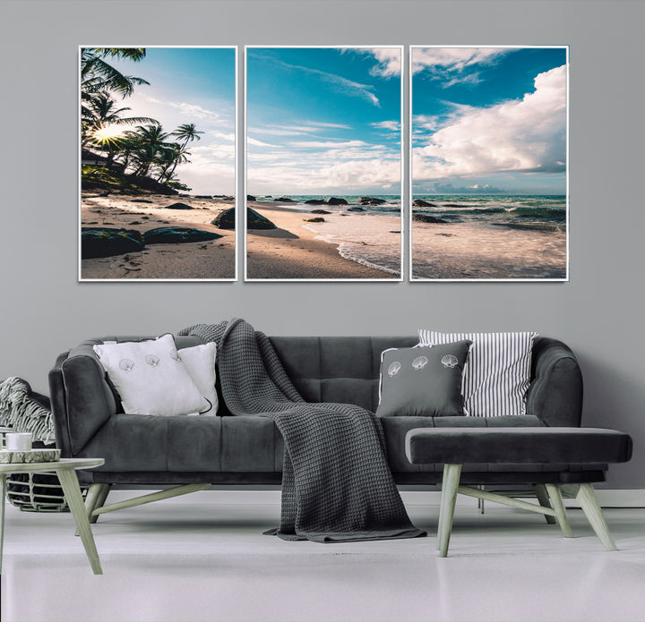 Tropical Beach Wall Art Canvas Print, Framed Ocean Waves Art Picture Print, Relaxing Seascape Perfect Tropical Coastal Decor Artwork