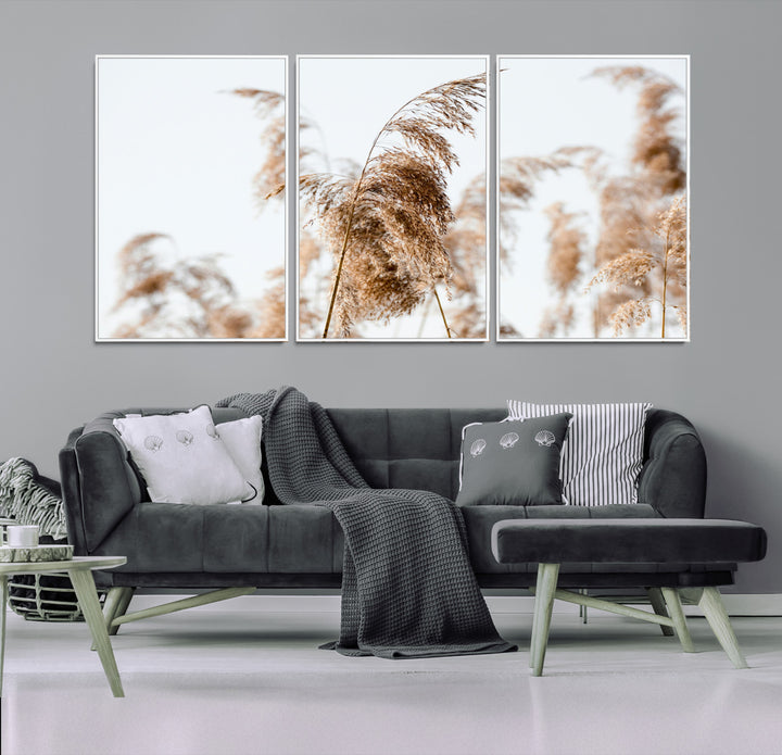 Pampas Grass Wall Art Canvas Print, Framed Neutral Tones Art Picture Print, Minimalist Nature Perfect Boho Decor Artwork