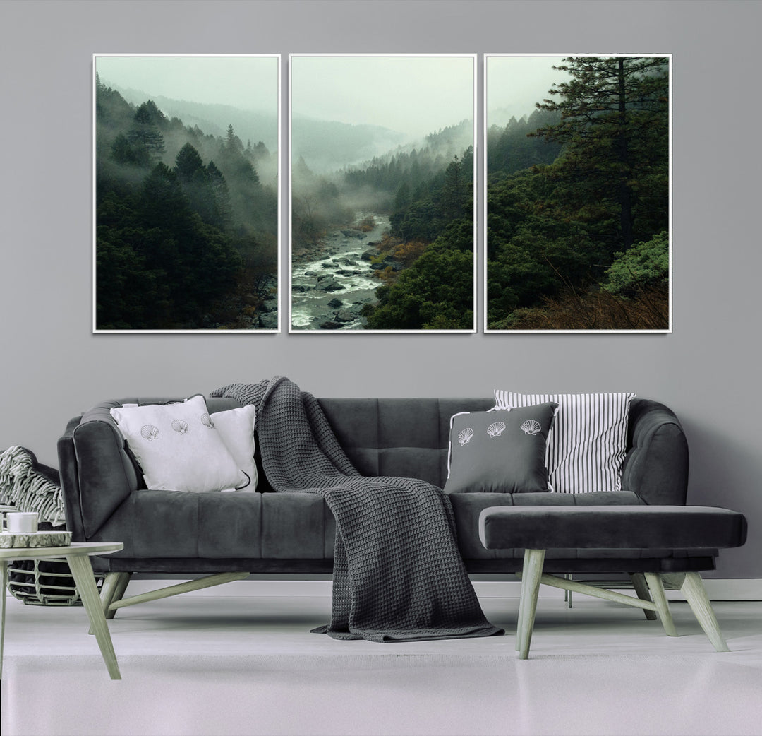 Misty Forest Wall Art Canvas Print, Framed Foggy River Art Picture Print, Moody Landscape Perfect Wilderness Decor Artwork