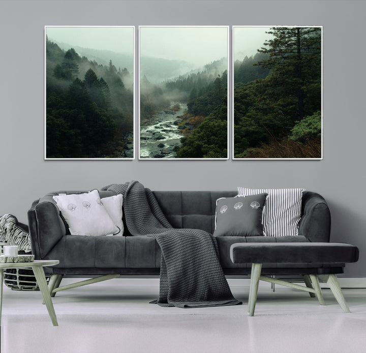 Misty Forest Wall Art Canvas Print, Framed Foggy River Art Picture Print, Moody Landscape Perfect Wilderness Decor Artwork