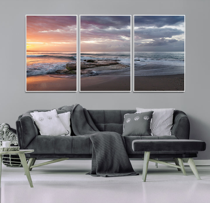 Golden Hour Wall Art Canvas Print, Framed Tranquil Waves Art Picture Print, Beach Perfect Coastal Serenity Decor Artwork