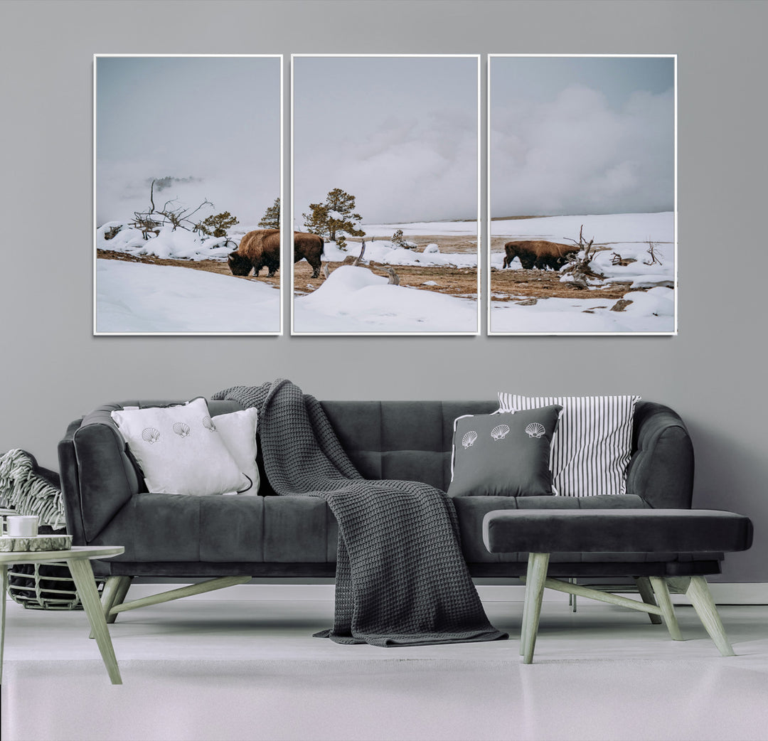 Bison Wildlife Wall Art Canvas Print, Framed Snowy Prairie Art Picture Print, Western Perfect Rustic Decor Artwork