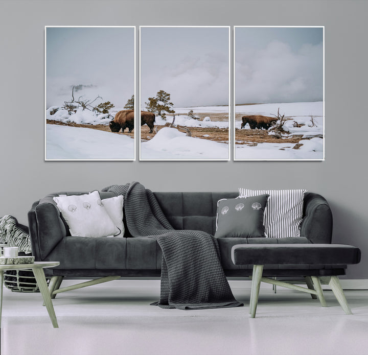 Bison Wildlife Wall Art Canvas Print, Framed Snowy Prairie Art Picture Print, Western Perfect Rustic Decor Artwork
