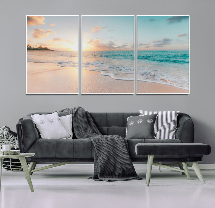 Beach Sunset Wall Art Canvas Print, Framed Ocean Waves Art Picture Print, Summer Escape Perfect Coastal Decor Artwork