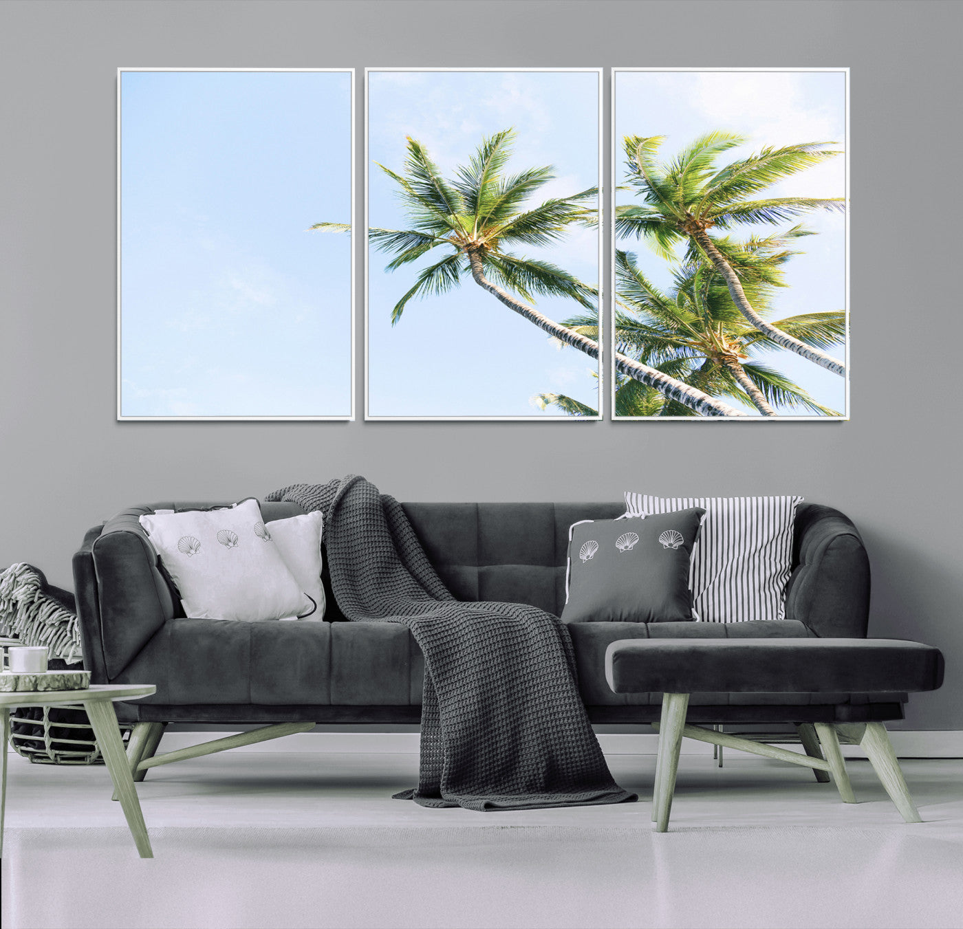 54719115-MGV-FC-60X30-3P_White-Palm Trees Wall Art Canvas Print – Framed Tropical Coastal Nature Scene Artwork for Home Office