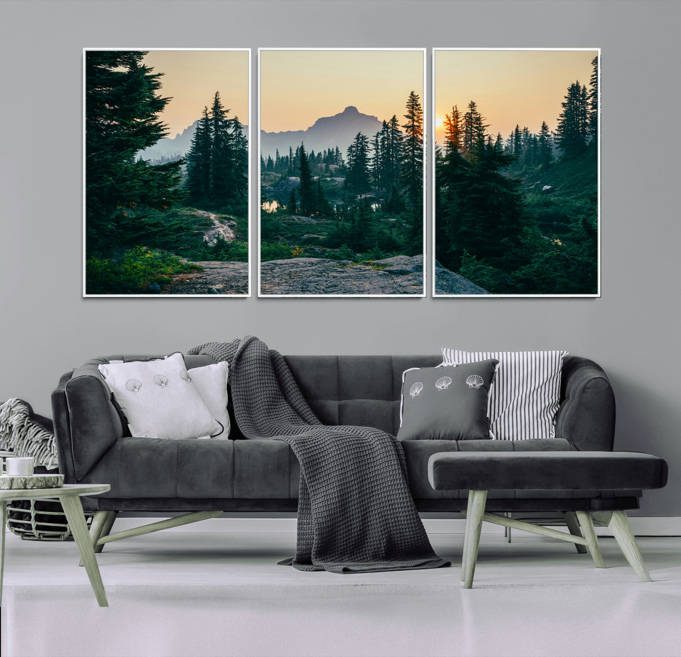 66397982-MGV-FC-60X30-3P_White-Mountain Wall Art Canvas Print – Framed Forest Serenity Mountain Nature Scene Artwork for Home Office