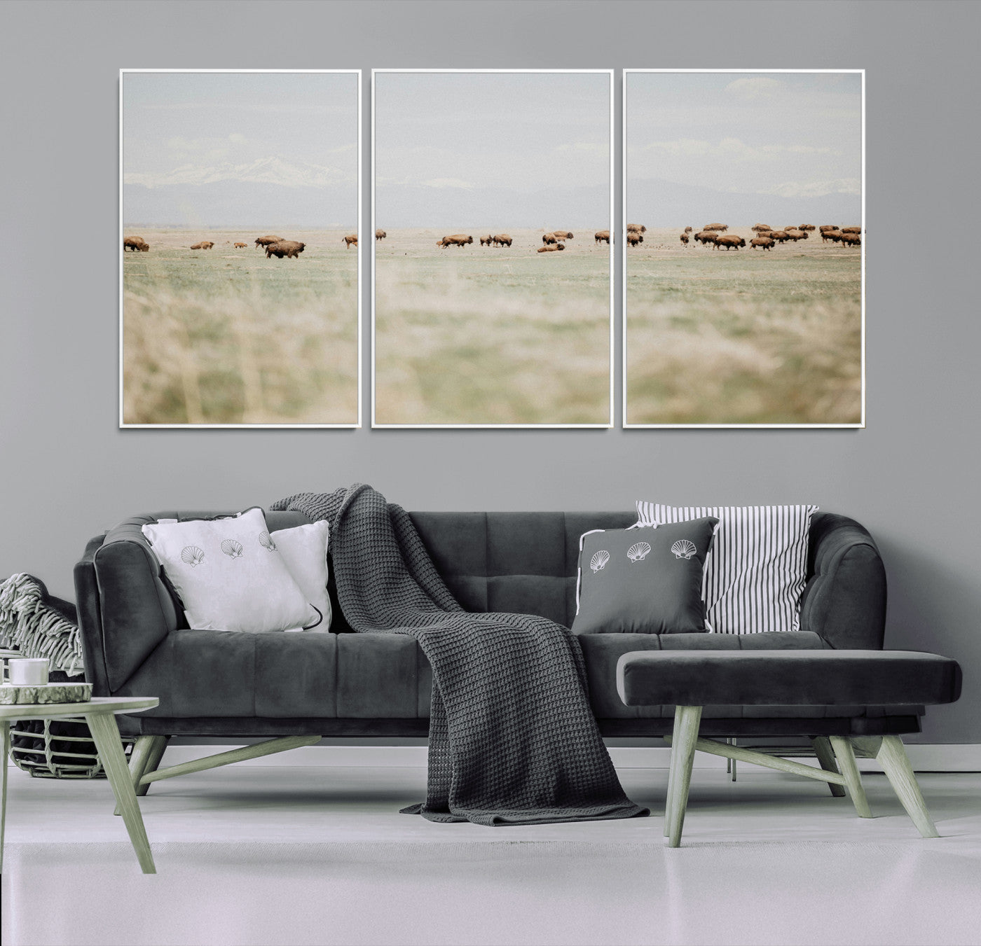 36510917-MGV-CV-36X24-Bison Herd Wall Art Canvas Print – Framed Western Bison Ranch Nature Scene Artwork for Home, Office, Living Room