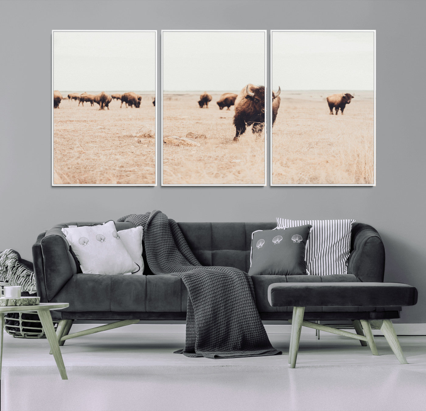61367865-MGV-CV-36X24-Bison Herd Wall Art Canvas Print – Framed Western Prairie Serenity Ranch Nature Scene Artwork for Home Office