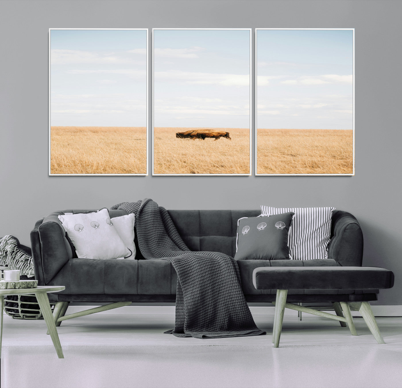 MGV-FC-60X30-3P - Minimalist Nature Wall Art Canvas Print, Framed Bison In Grassland Art Picture Print, Open Field Perfect Modern Ranch Decor Decor Artwork