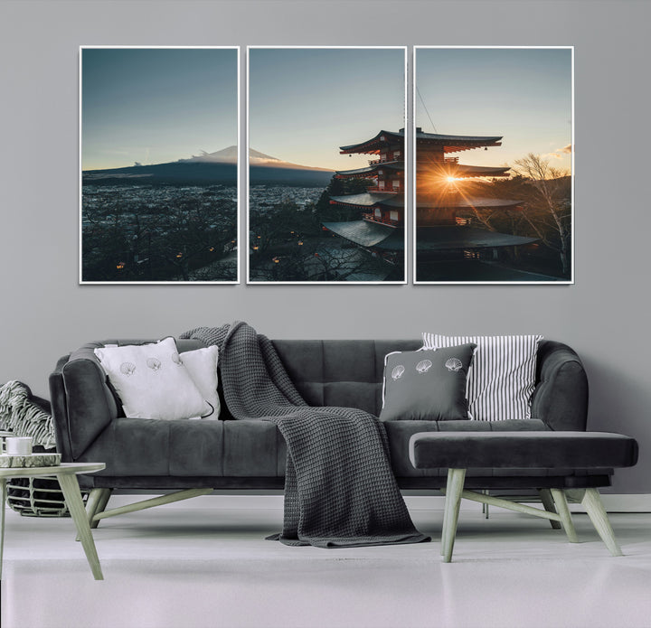 Chureito Pagoda at sunset with Mount Fuji in the background, city lights below, and golden sun rays, ideal for Japanese-inspired wall art.
