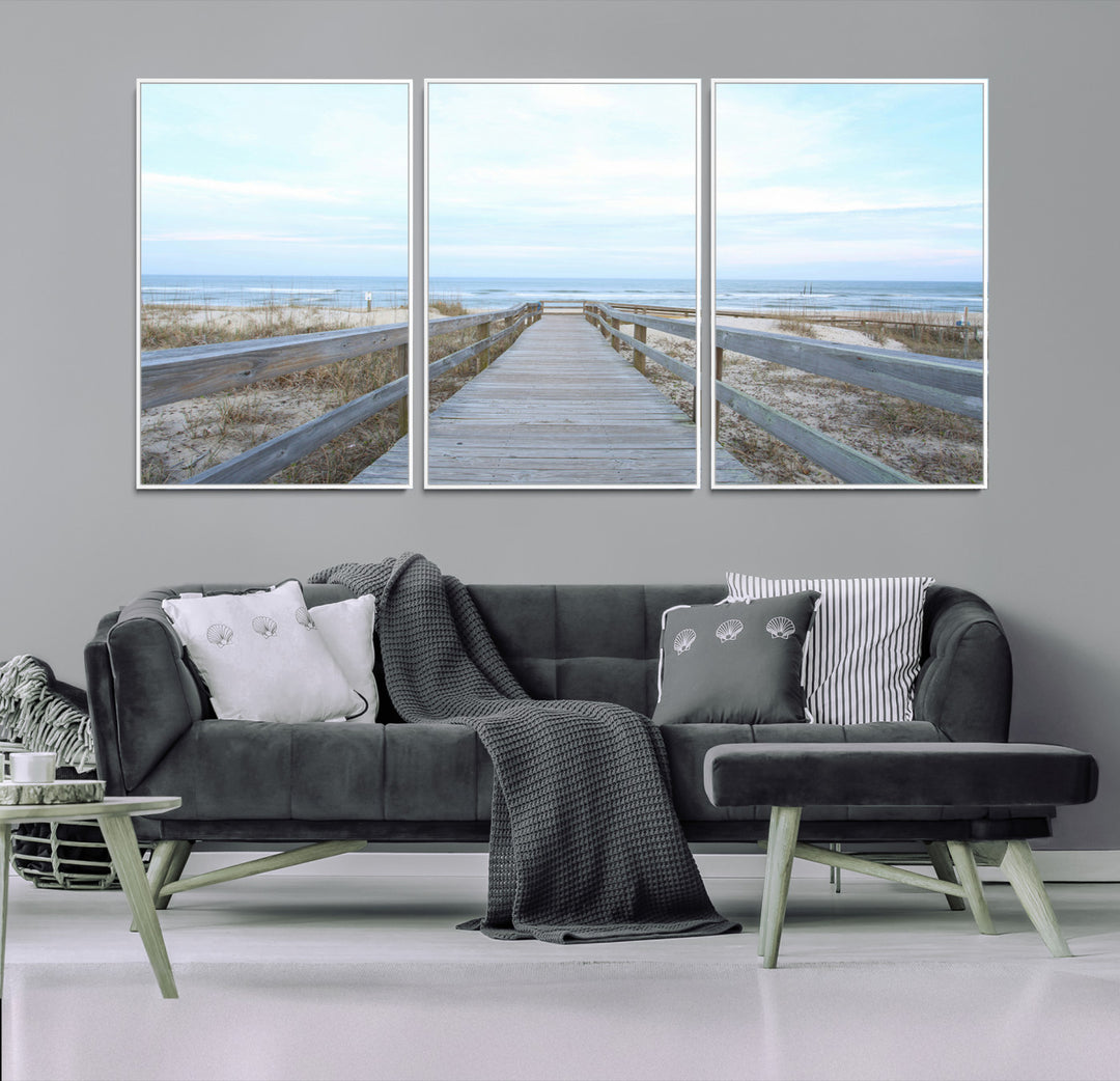 Beach Boardwalk Wall Art Canvas Print, Framed Coastal Serenity Art Picture Print, Ocean View Perfect Coastal Decor Artwork