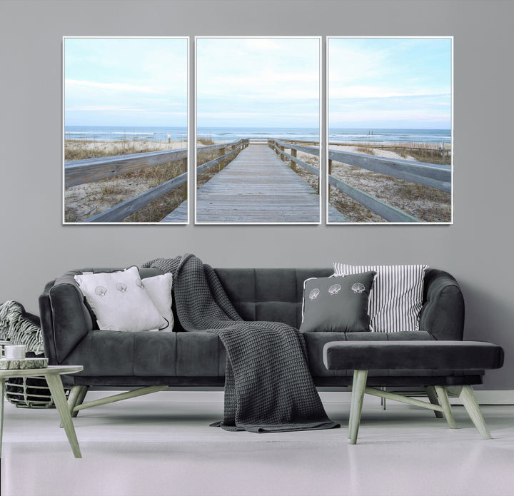 Beach Boardwalk Wall Art Canvas Print, Framed Coastal Serenity Art Picture Print, Ocean View Perfect Coastal Decor Artwork