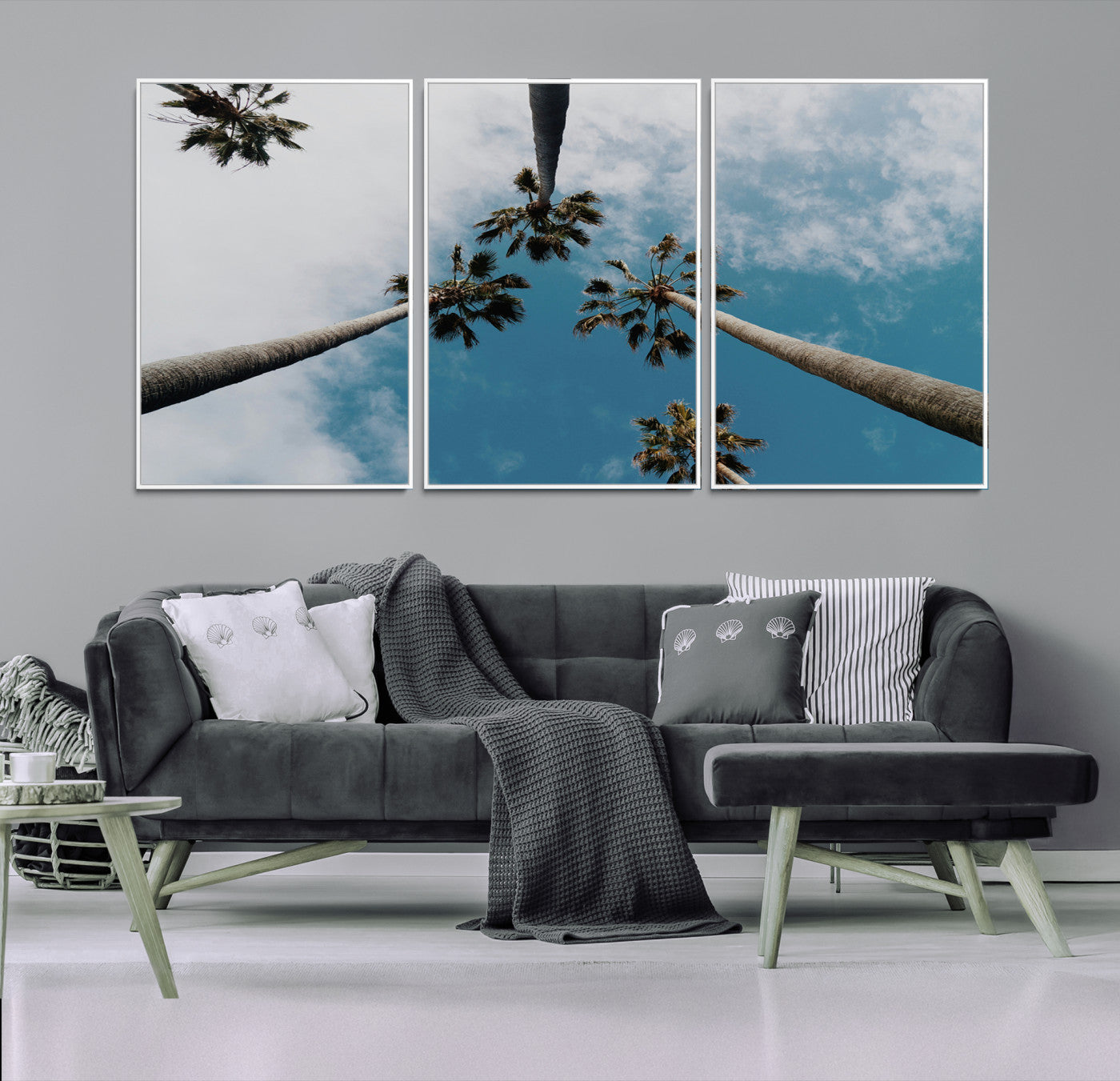 45236398-MGV-FC-60X30-3P-Tropical Palm Trees Wall Art Canvas Print – Framed California Sky Minimalist Nature Scene Artwork for Home Office