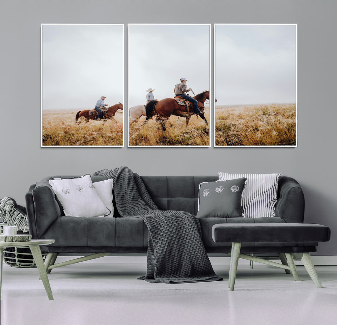 Three cowboys riding horses through a foggy prairie landscape, dressed in Western attire, evoking a rustic and adventurous Wild West aesthetic.