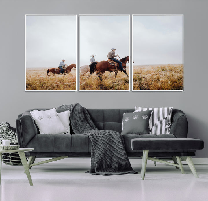 Three cowboys riding horses through a foggy prairie landscape, dressed in Western attire, evoking a rustic and adventurous Wild West aesthetic.