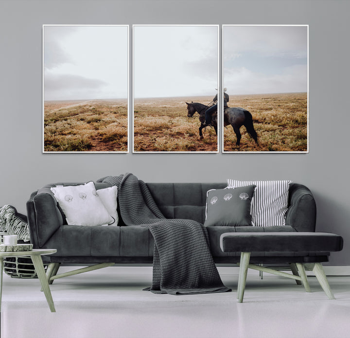 A lone cowboy riding horseback across an open prairie under a vast sky, capturing the rugged and timeless spirit of the Western frontier.