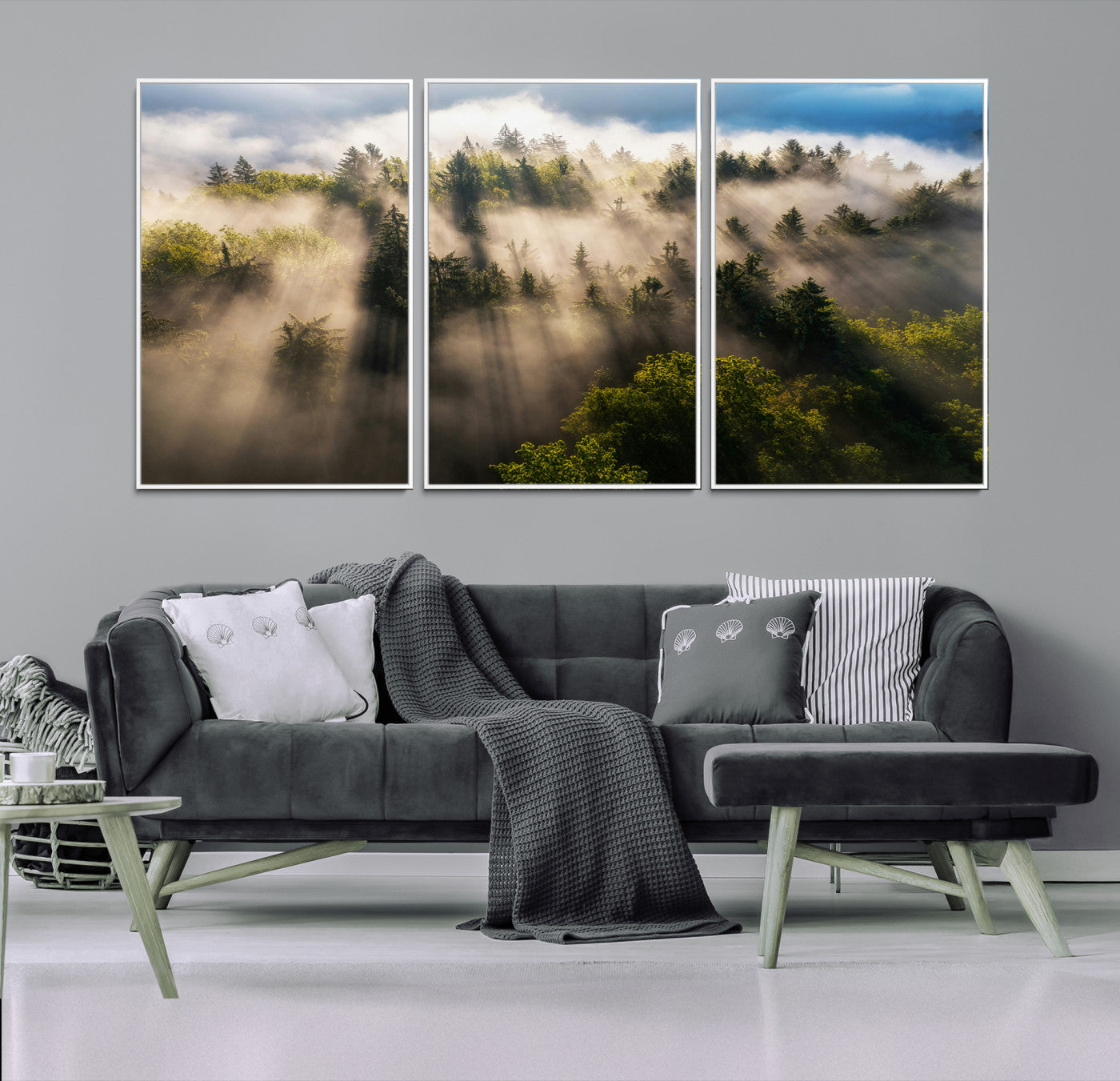 14785710-MGV-FC-60X30-3P-Tranquil Forest Scene Wall Art Canvas Print – Framed Moody Sunbeam Through Trees Nature Artwork for Home Office