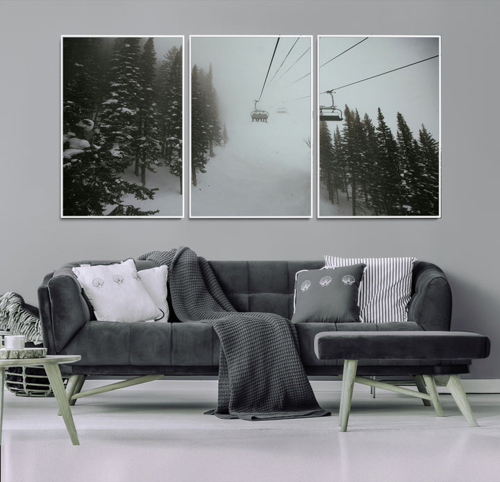 Ski Lift Wall Art Canvas Print, Framed Snowy Pines Art Picture Print, Misty Landscape Perfect Winter Serenity Decor Artwork