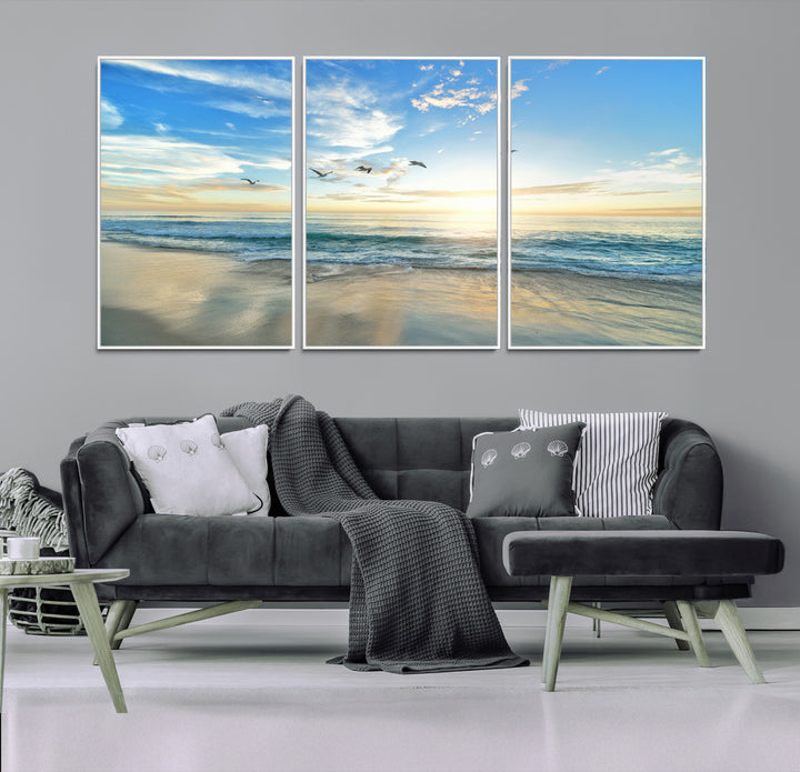 20708696-MGV-FC-60X30-3P_White-Minimalist Seaside Morning Glow Art Canvas Print, Golden Reflections Perfect Coastal Minimalist Decor Artwork
