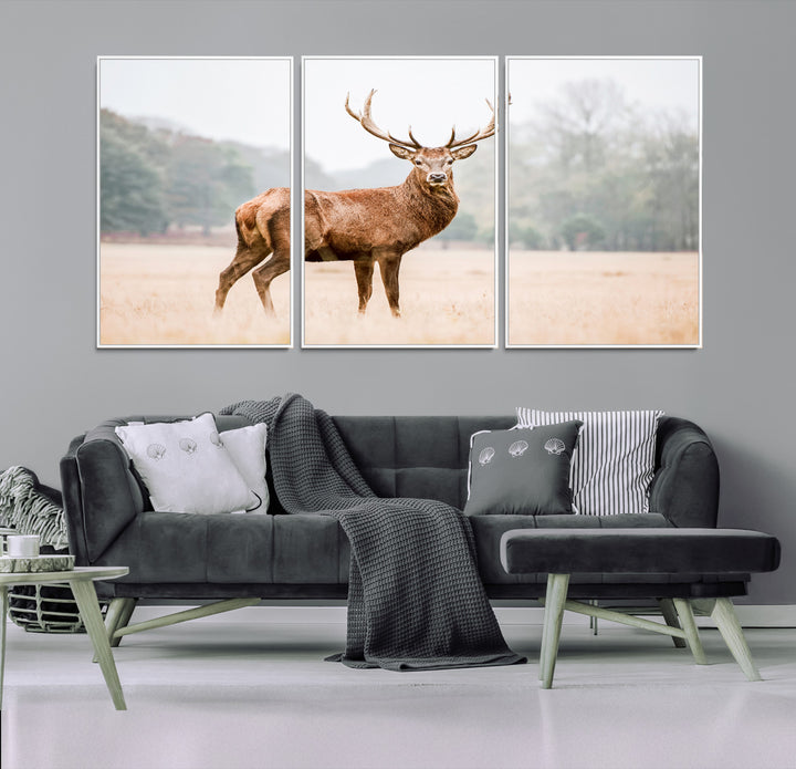 Vintage Wildlife Canvas Print, Framed Misty Landscape Art Picture Print, Deer Wall Art Perfect Rustic Wildlife Decor Artwork