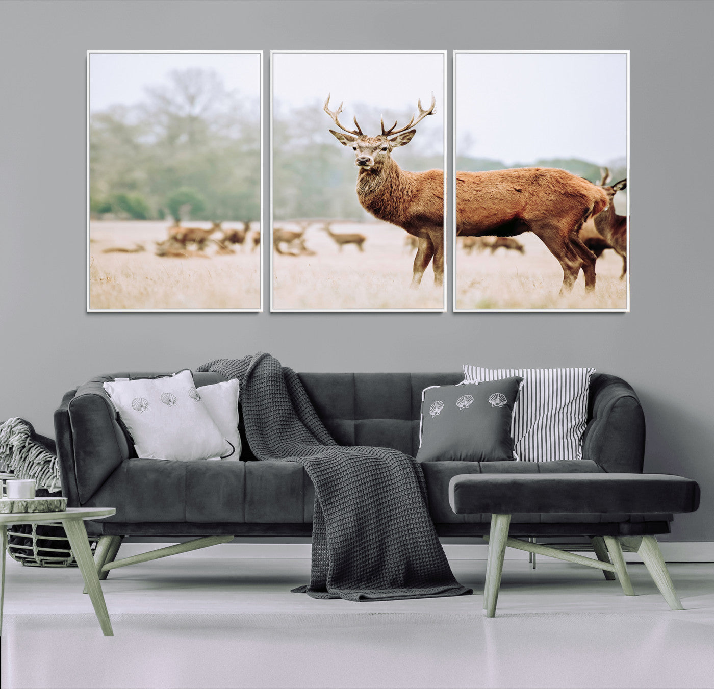 53240224-MGV-FC-60X30-3P_White-Rustic Deer Wall Art Canvas Print – Forest Woodland Stag Nordic Animal Scenic Nature Artwork for Home, Cabin