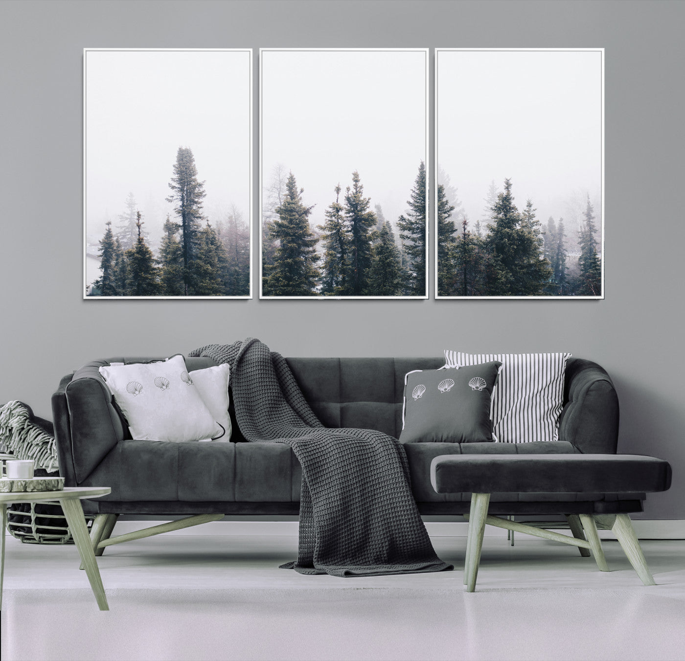 42364796-MGV-FC-60X30-3P_White-Foggy Forest Wall Art Canvas Print, Framed Misty Pines Art Picture Print, Moody Woodland Perfect Scandinavian Minimalist Decor Artwork