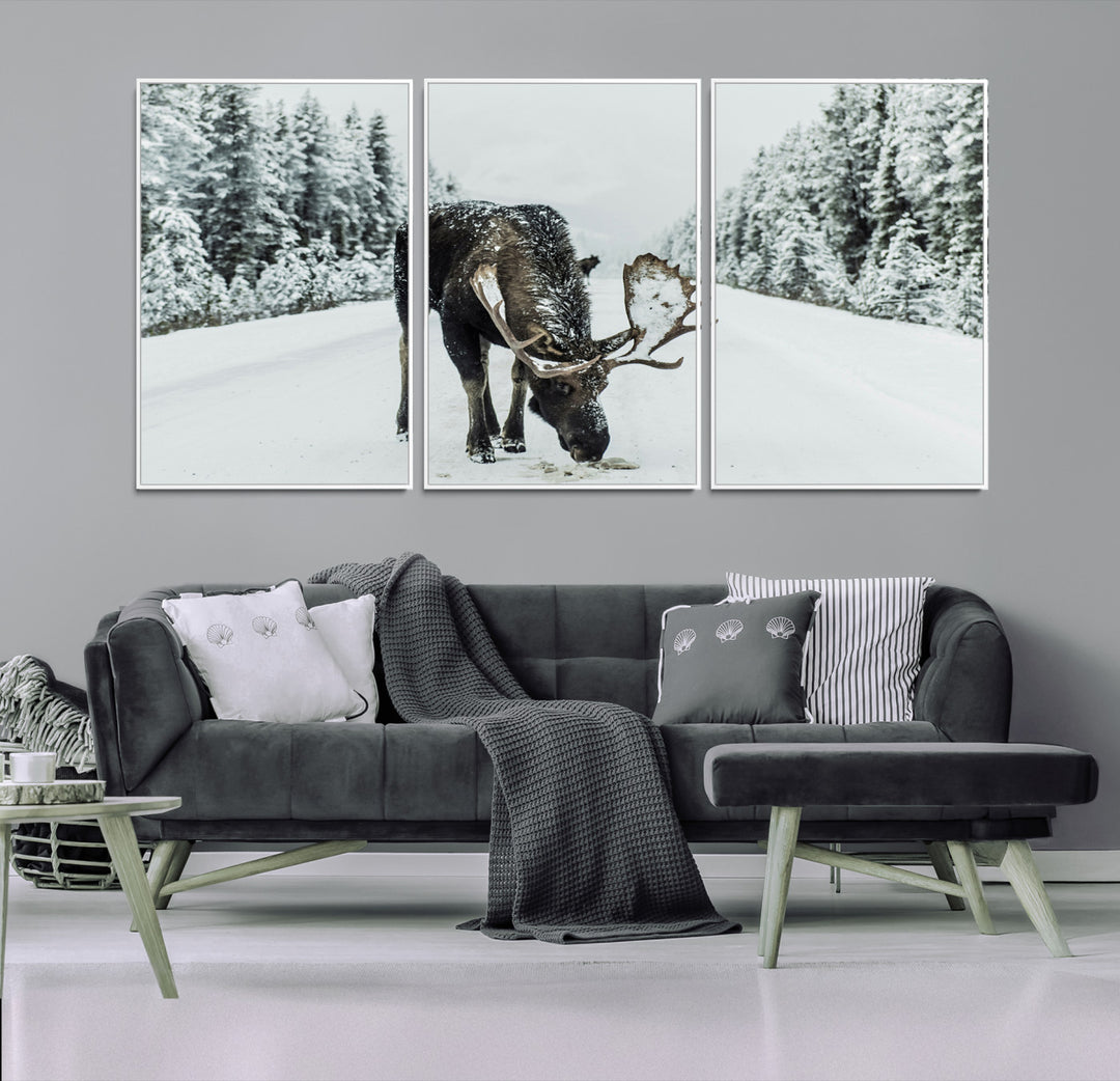 Moose in Snow Wall Art Canvas Print, Framed Winter Wildlife Art Picture Print, Snowy Forest Scene Perfect Rustic Lodge Decor Artwork