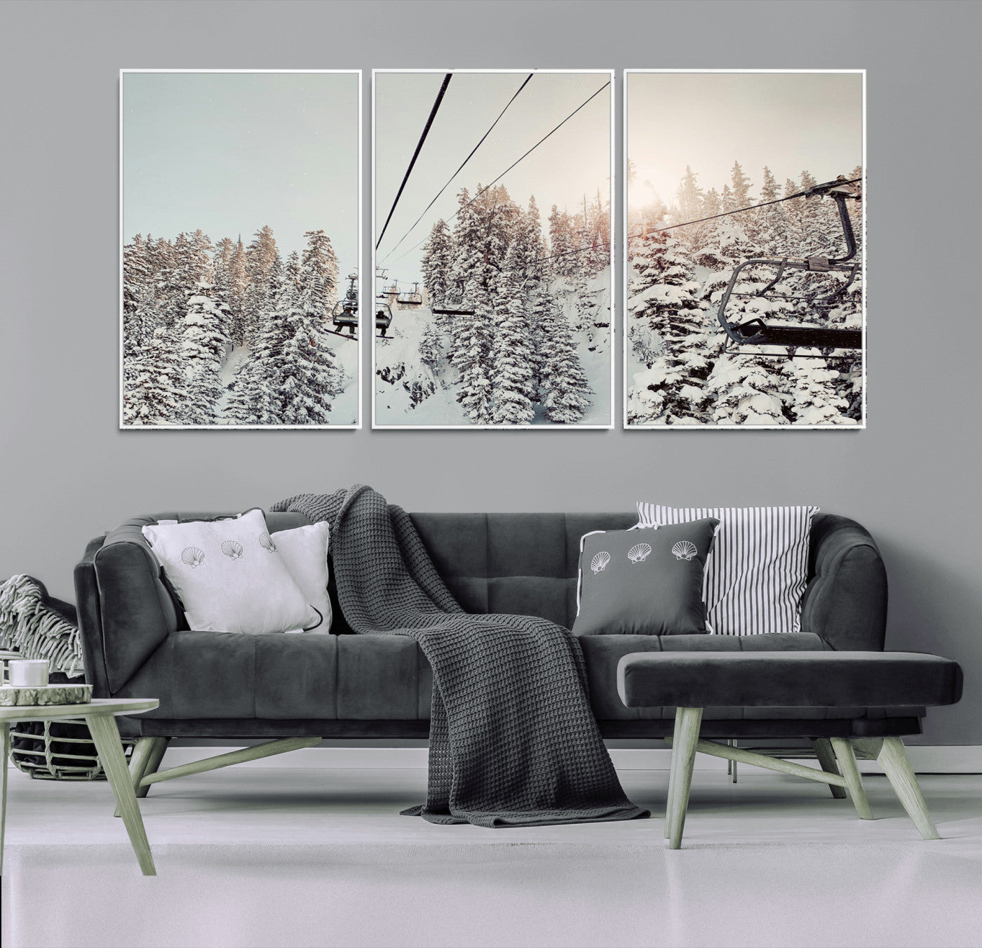 91534512-MGV-FC-60X30-3P_White-Frosty Pines Wall Art Canvas Print – Framed Cozy Cabin Ski Lift Ride Winter Scene Artwork for Home Office